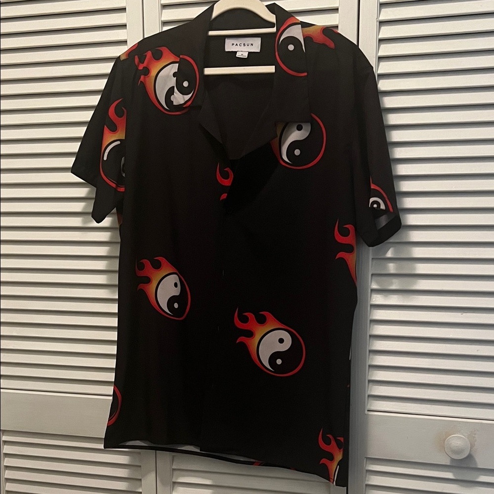 #*080* PacSun Black Shirt with Red Flame Pattern